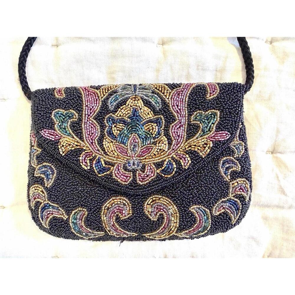 Lillian Vernon Vintage Black, Multi-colored Glass Beaded Evening Purse